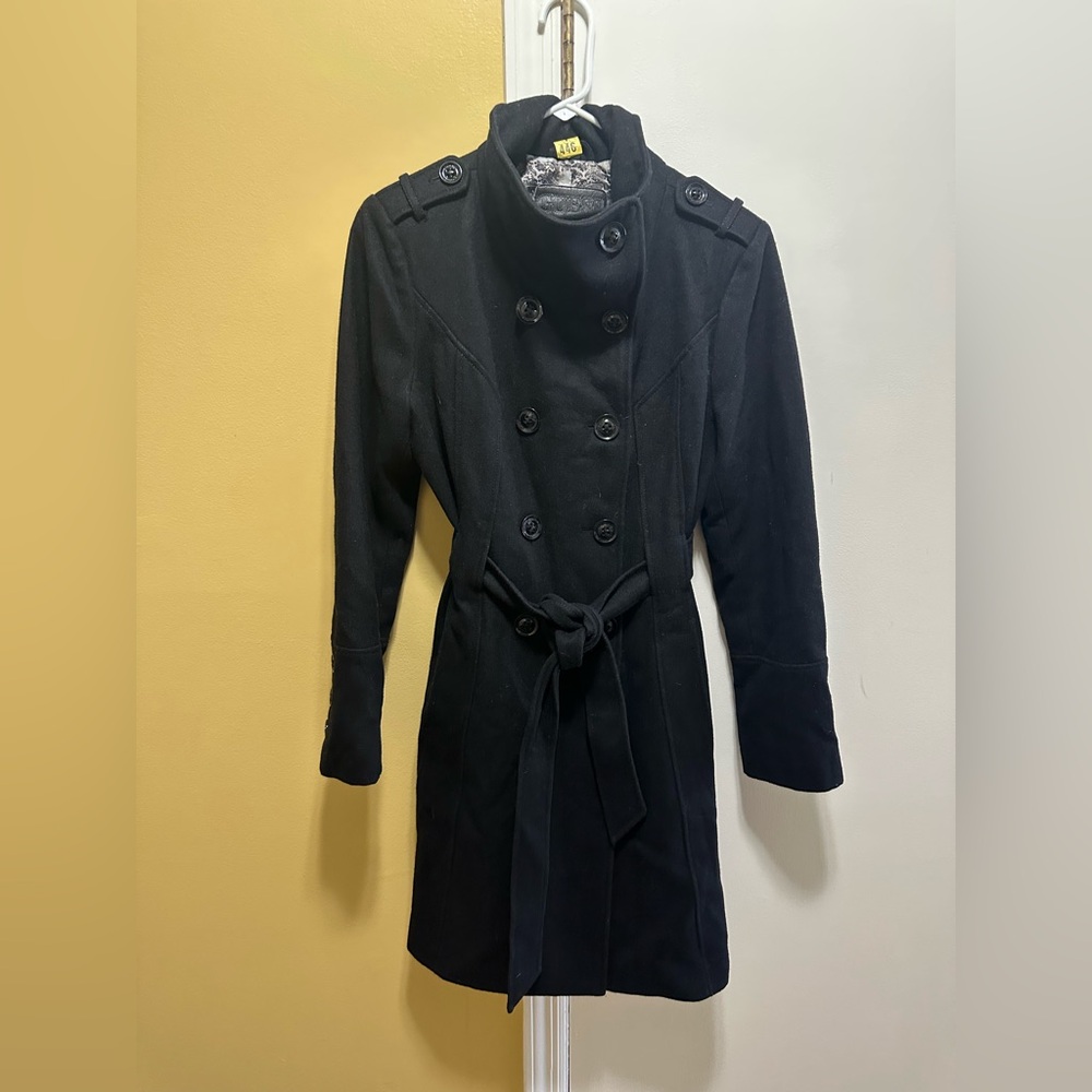 Guess Black Double-Breasted Design Wool Trench Coat (M)